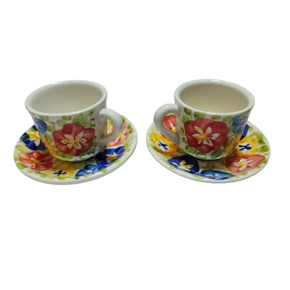 Ceramicas Renacer Providencia Espresso Cup Saucer Set 4pc Colombia Floral Cerami